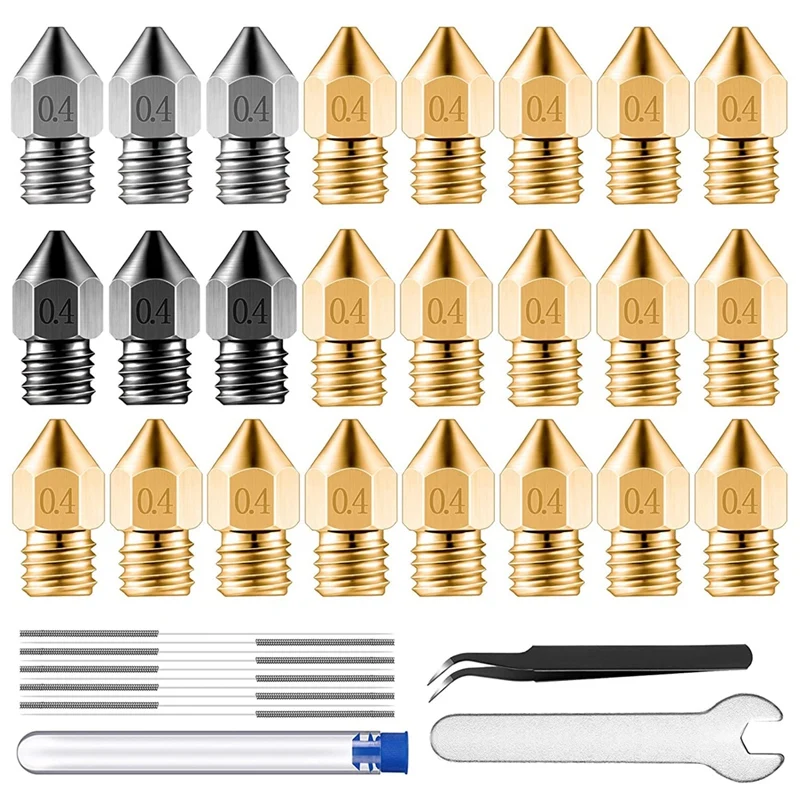 Extruder Nozzle Kit Mk8 Hardened Steel & Stainless Steel & Brass Nozzle Nozzle Cleaning Needle Set for 3D Printer
Extruder Nozzle Kit Mk8 Hardened Steel & Stainless Steel & Brass Nozzle Nozzle Cleaning Needle Set for 3D Printer