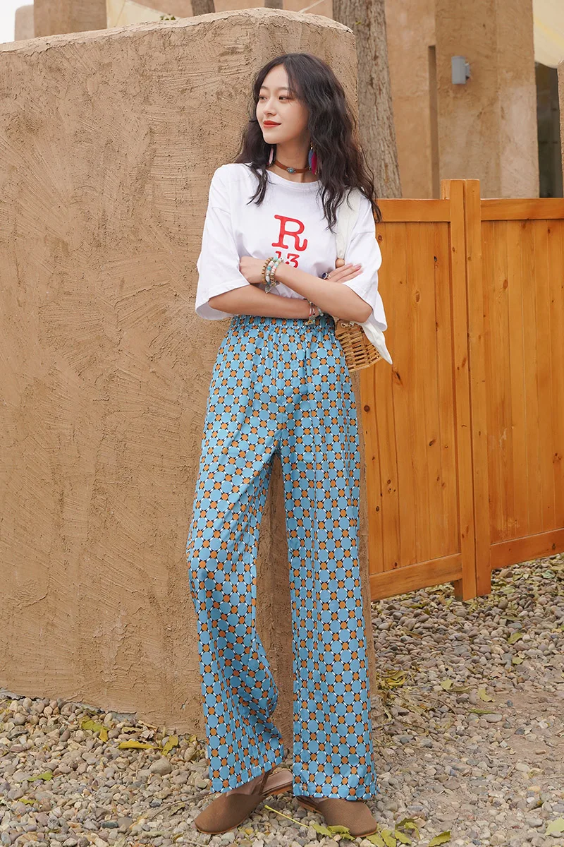 Women Elastic High Waist Pants Loose Print Wide Leg Beach Thin Pant Bohemian Female Trousers
Women Elastic High Waist Pants Loose Print Wide Leg Beach Thin Pant Bohemian Female Trousers