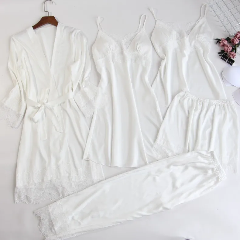 Women Pajamas 5 Pieces Satin Sleepwear Pijama Lace Home Wear Home Clothing Embroidery Sleep Lounge Pyjama With Chest Pads
Women Pajamas 5 Pieces Satin Sleepwear Pijama Lace Home Wear Home Clothing Embroidery Sleep Lounge Pyjama With Chest Pads
