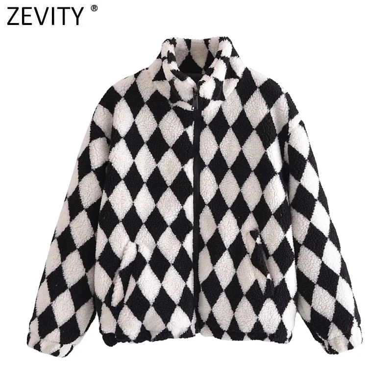 Zevity Women Vintage Diamond Check Lamb Hair Coat Ladies Stand Collar Zipper Casual Outerwear Chic Jacket Veste Femme Tops CT796
Zevity Women Vintage Diamond Check Lamb Hair Coat Ladies Stand Collar Zipper Casual Outerwear Chic Jacket Veste Femme Tops CT796