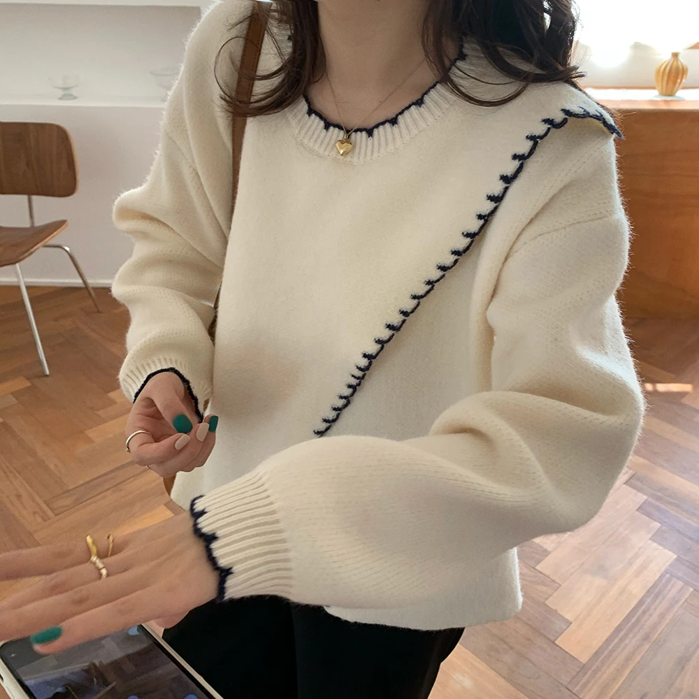 Elegant Chic Sweater Spring Autumn Women O-neck Contrast Loose Split Long Sleeve Pullover Casual Office Lady Fashion Knitwear
Elegant Chic Sweater Spring Autumn Women O-neck Contrast Loose Split Long Sleeve Pullover Casual Office Lady Fashion Knitwear