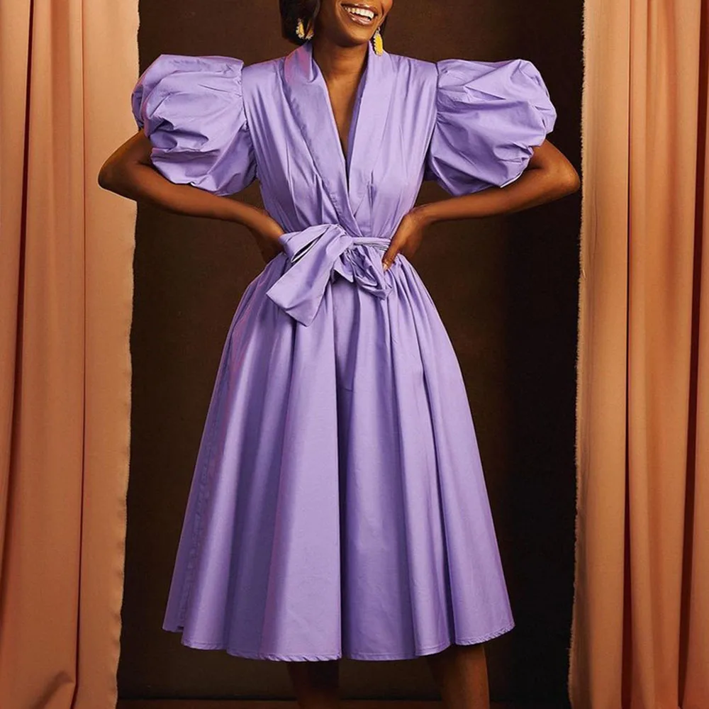 Women Dress Retro V Neck Purple Dress Vintage Female Women Dresses Solid Color Women Puff Sleeves Swing Dresses
Women Dress Retro V Neck Purple Dress Vintage Female Women Dresses Solid Color Women Puff Sleeves Swing Dresses