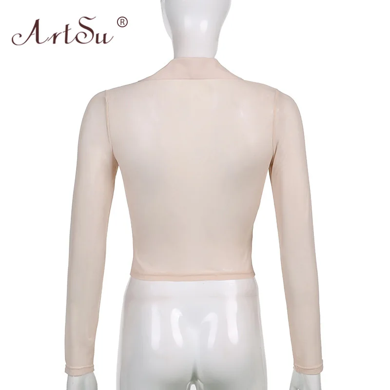 ArtSu Solid See Through Sexy Mesh Tops Shirts Ruched Button Up Crop Top T-Shirts Women Long Sleeve Autumn Tees Streetwear
ArtSu Solid See Through Sexy Mesh Tops Shirts Ruched Button Up Crop Top T-Shirts Women Long Sleeve Autumn Tees Streetwear