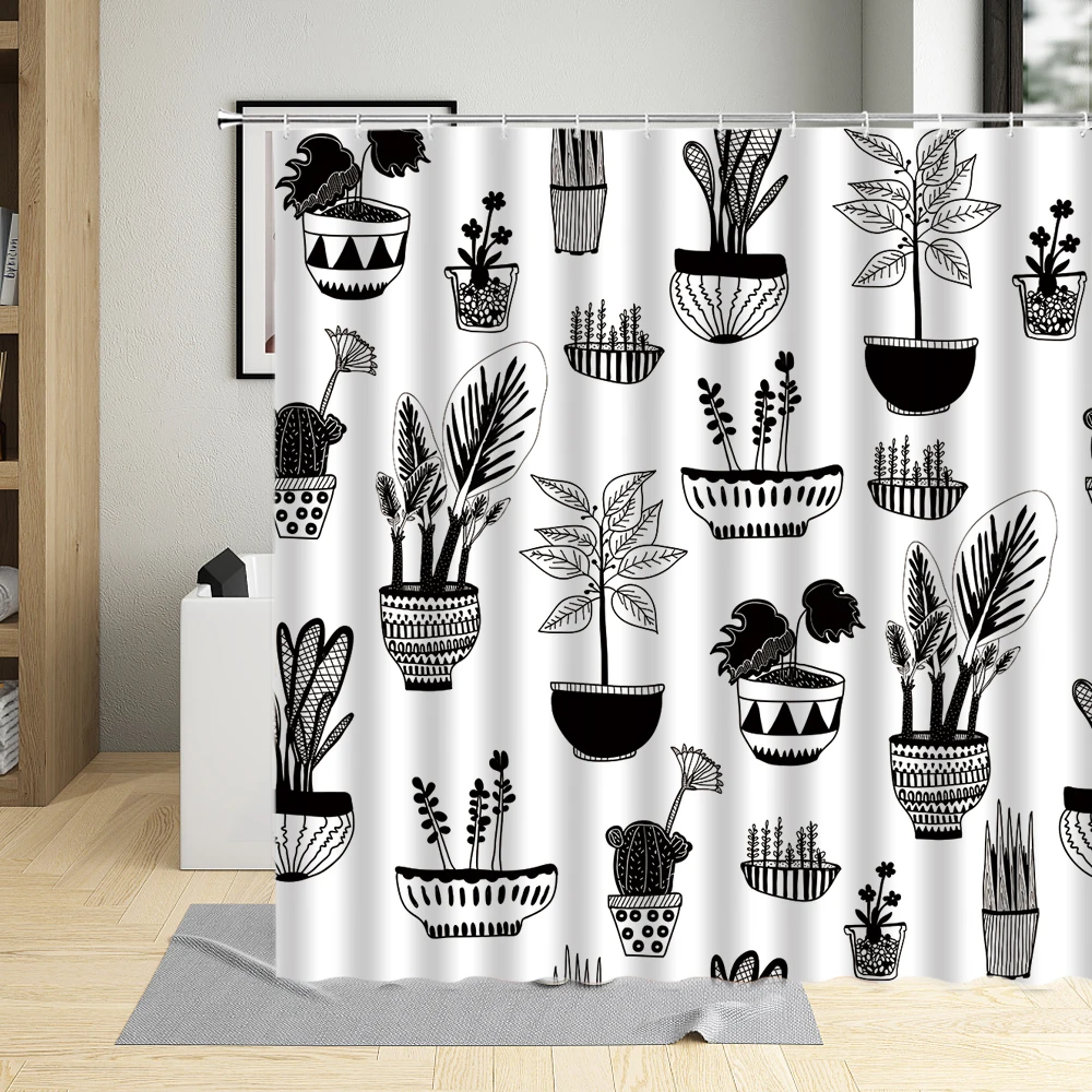 

Hand Drawn Potted Plant Bathroom Curtains Succulents Cactus Illustration Shower Curtain Polyester Fabric Bathtub Decor With Hook