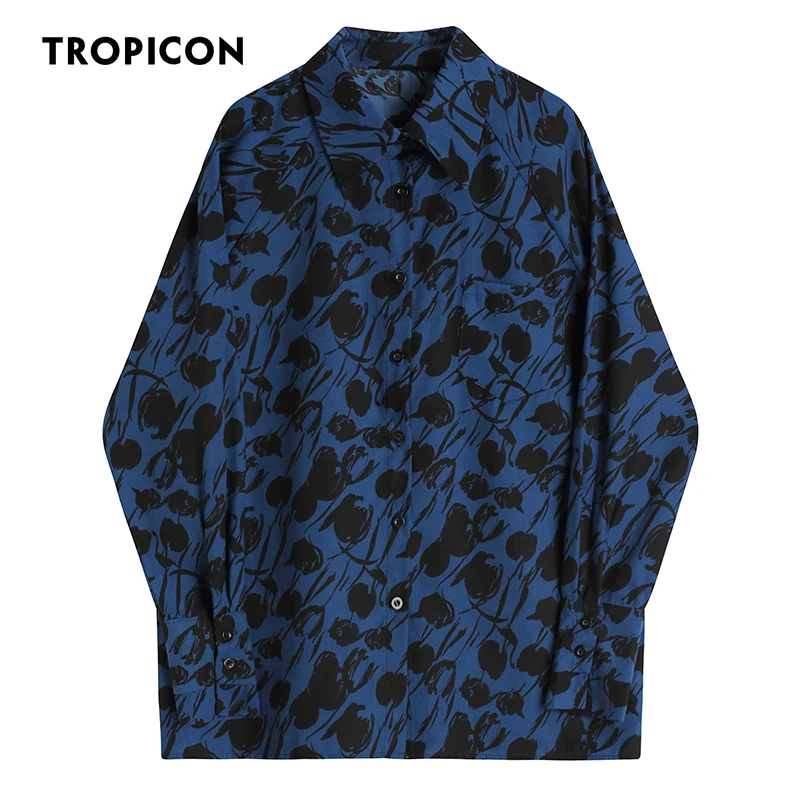 

TROPICON Royal Blue Floral Raglan Long Sleeve Shirt Autumn 2021 Button Up Collared Shirt Designer Top 2021 Trend Fashion Women