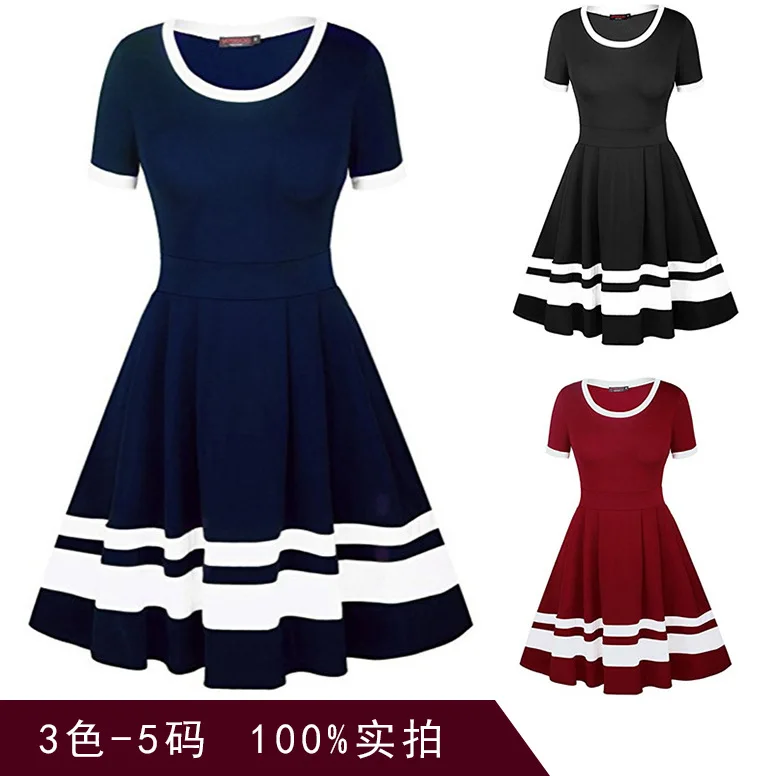 Women Elegant Spring Knee Length Short Sleeve O- Neck Stripes Patchwork A-Line Dress Casual Solid Office Lady
Women Elegant Spring Knee Length Short Sleeve O- Neck Stripes Patchwork A-Line Dress Casual Solid Office Lady