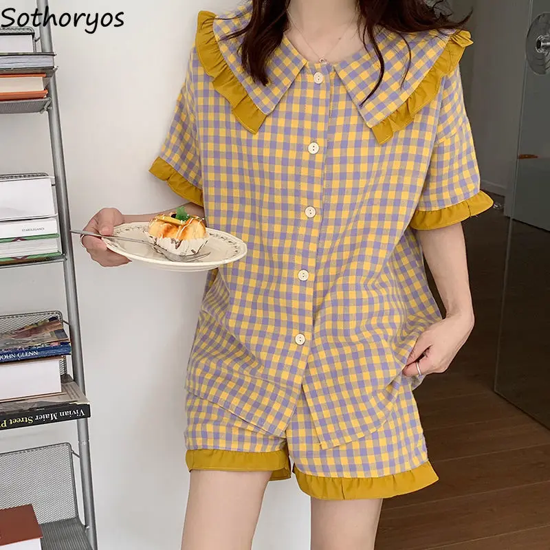 Summer Pajama Sets Women Sweet Ruffles Plaid Short Sleeve Loungewear Female Single Breasted Cozy Turn-down Collar Korean Style
Summer Pajama Sets Women Sweet Ruffles Plaid Short Sleeve Loungewear Female Single Breasted Cozy Turn-down Collar Korean Style