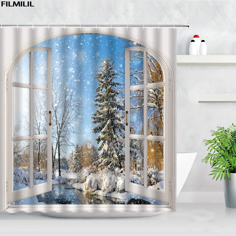 

Outside the Window Cedar Winter Landscape Shower Curtain Snow Forest Natural Scenery Home Polyester Bath Curtains Bathroom Decor