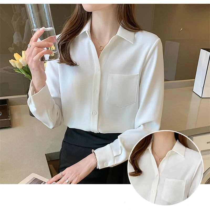 White Satin Shirts Women's Solid Silk Basic 2021 Fall Fashion Button Blouse Women Clothing Polo-Neck Pockets Chiffon Ladies Tops
White Satin Shirts Women's Solid Silk Basic 2021 Fall Fashion Button Blouse Women Clothing Polo-Neck Pockets Chiffon Ladies Tops