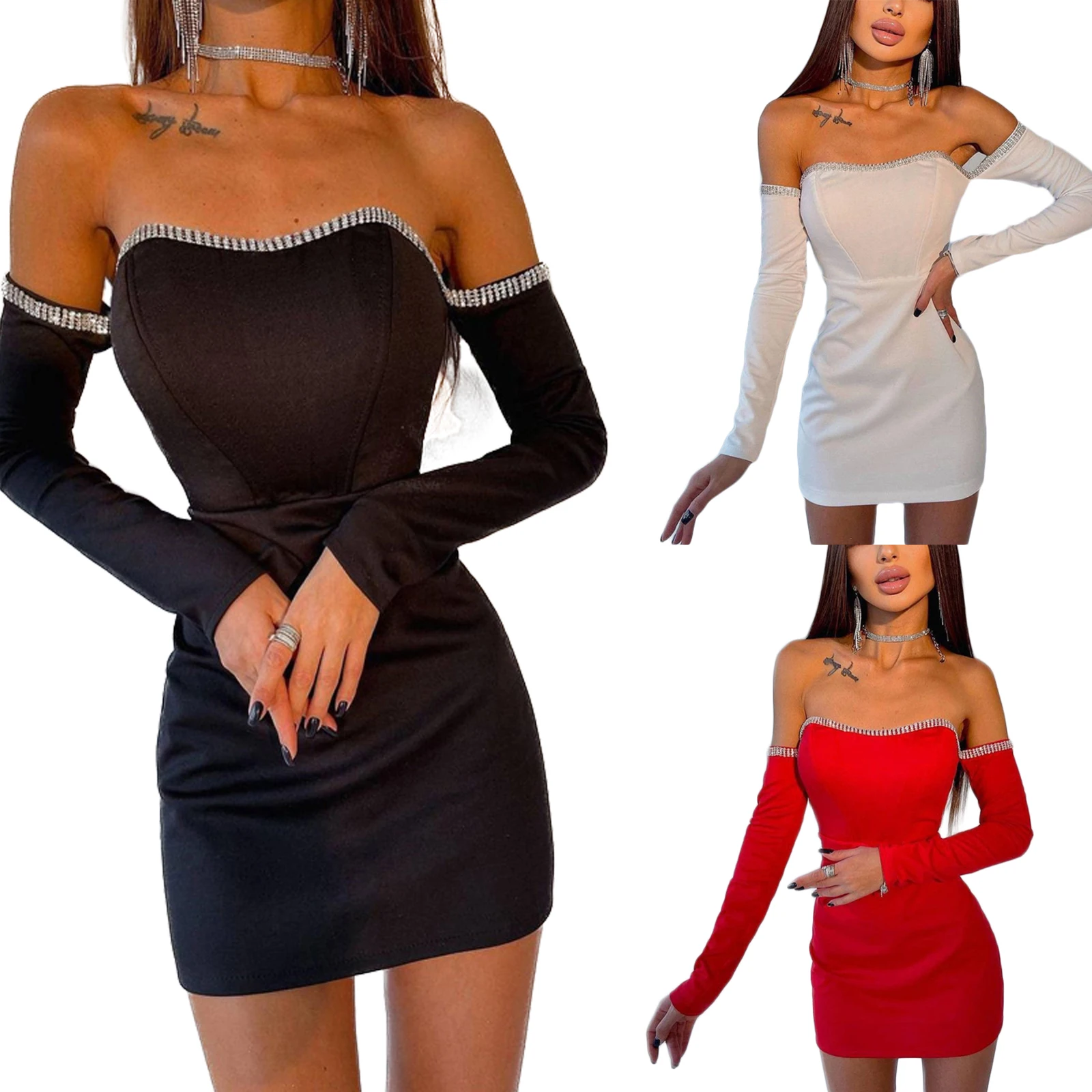 Women Rhinestone Sheath Dress, Adults Sexy Off-the-shoulder Solid Color Long Sleeve Boat Neck 2022 New Fashion
Women Rhinestone Sheath Dress, Adults Sexy Off-the-shoulder Solid Color Long Sleeve Boat Neck 2022 New Fashion