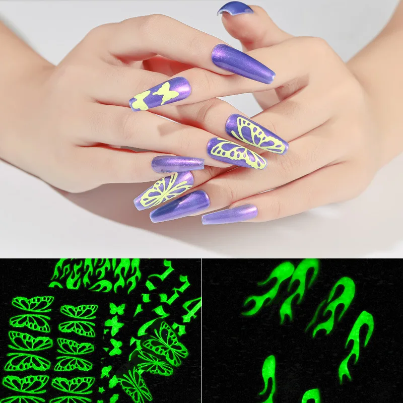 6Pcs Luminous Adhesion Nail Stickers Lot Flame Butterfly Star Moon Glitter Design Glow In The Dark Slider Manicure Decorations
6Pcs Luminous Adhesion Nail Stickers Lot Flame Butterfly Star Moon Glitter Design Glow In The Dark Slider Manicure Decorations