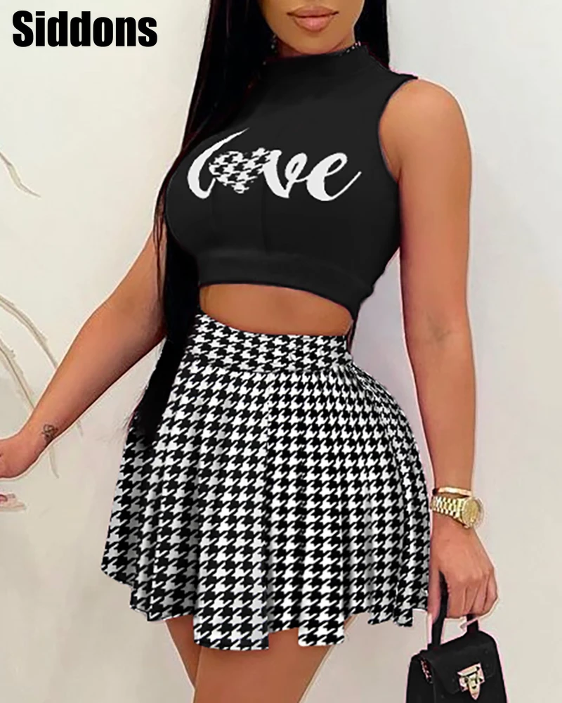 Sexy 2 Piece Set Women Letter Print Crop Top & Houndstooth Pleated Mini Skirt Set
Sexy 2 Piece Set Women Letter Print Crop Top & Houndstooth Pleated Mini Skirt Set