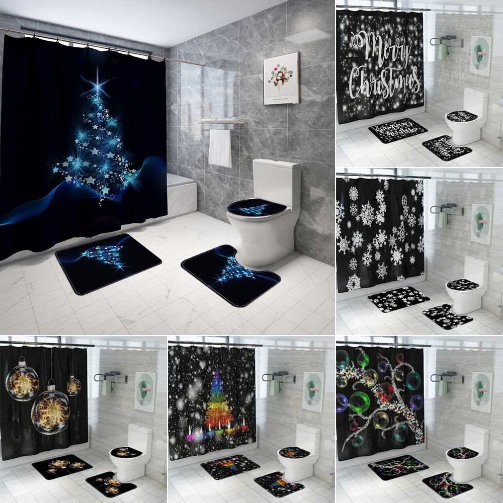

Merry Christmas Shower Curtain Set Bath Mats Rugs Black Bathroom Curtains Snowflake Tree Bell Toilet Cover Anti Slip Mat Carpet