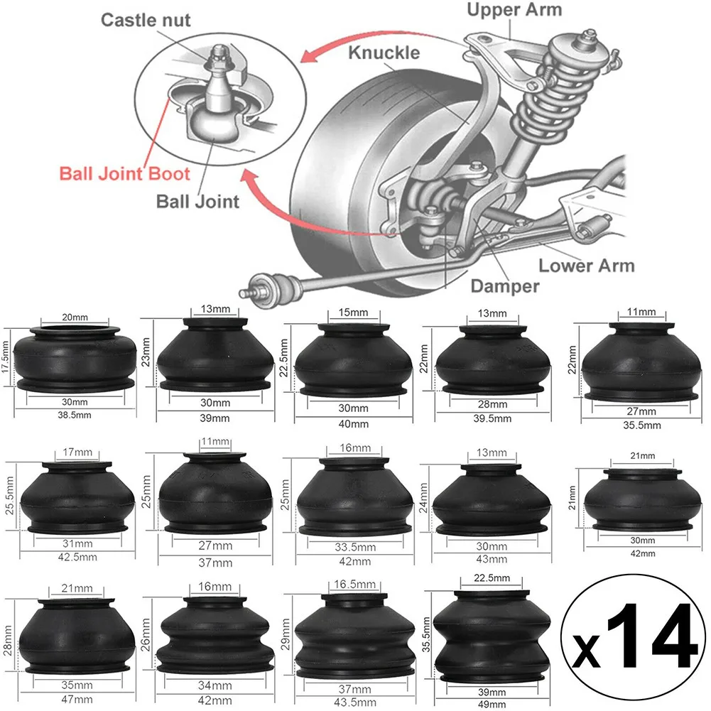 14pcs Universal Multipack Ball Joint Rubber Dust Boot Covers Track Rod End Set Kit With Tongue And Groove Fastening System
14pcs Universal Multipack Ball Joint Rubber Dust Boot Covers Track Rod End Set Kit With Tongue And Groove Fastening System