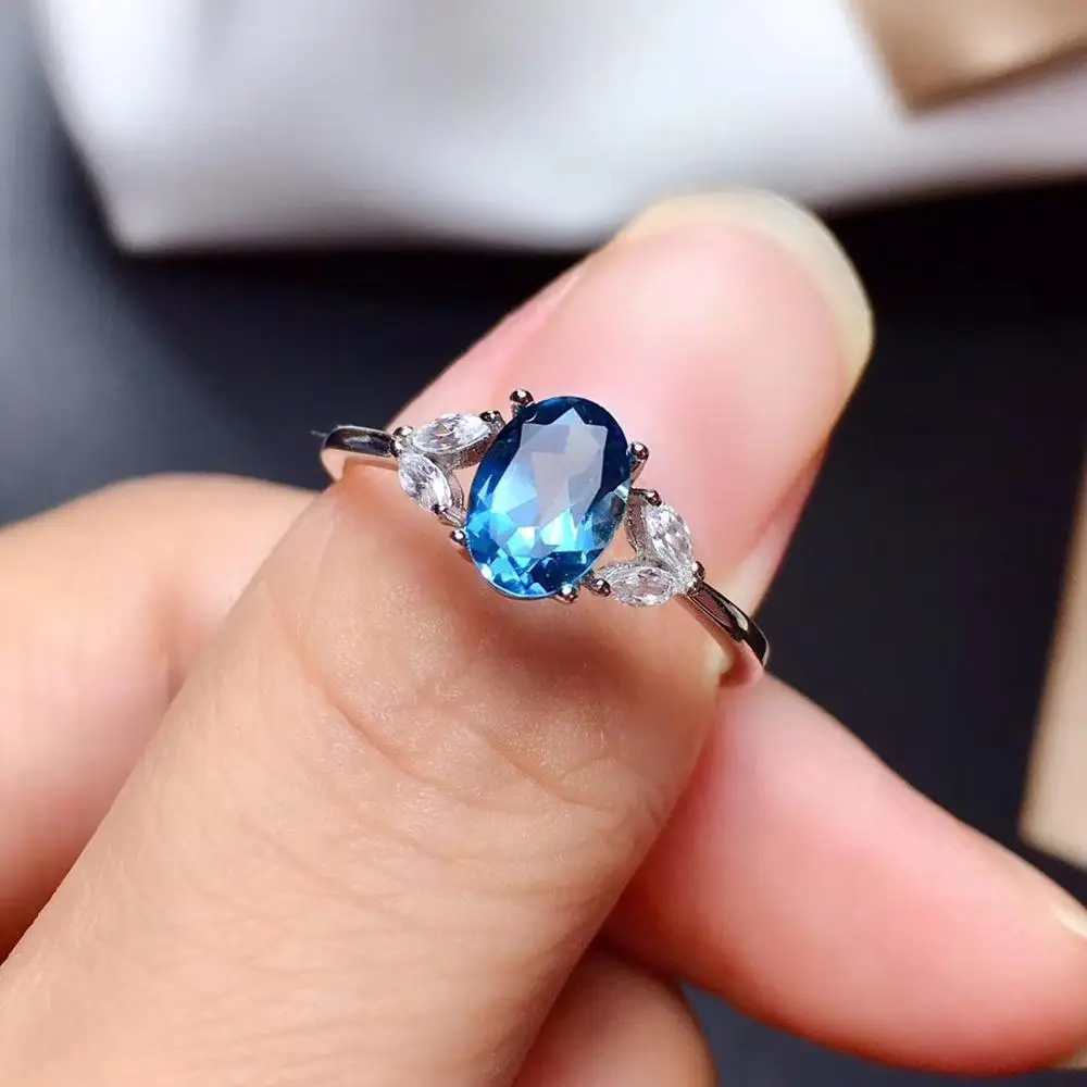 

Кольцо с натуральным топазом, женское кольцо из серебра пробы с натуральным лондонским голубым топазом, простое Стильное кольцо