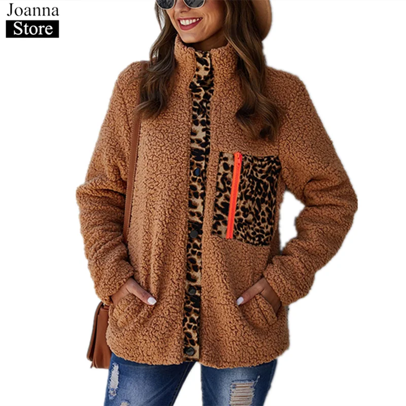 

Autumn Winter Leopard Splice Lamb Wool Jackets Women Long Sleeve Single-Breasted Furry Slim Coat Casual Plus Size Clothes Female