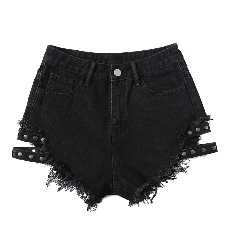 2021 side nailed denim shorts with loose holes, high waist jeans with wide legs and thin worn hot pants
2021 side nailed denim shorts with loose holes, high waist jeans with wide legs and thin worn hot pants