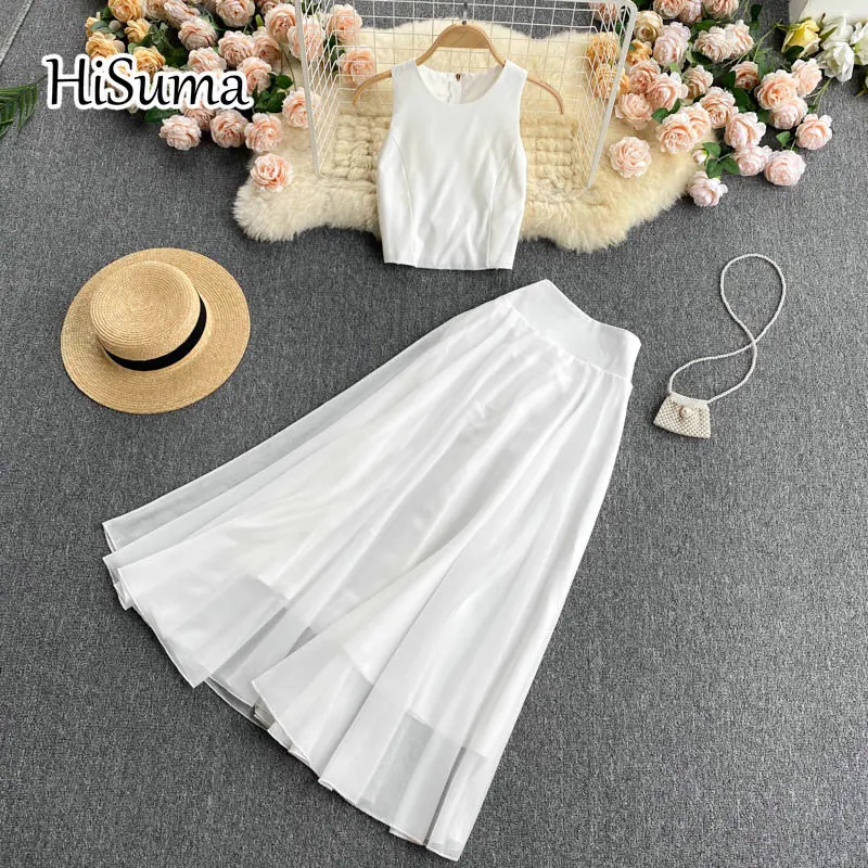 2021 summer new female O-neck pure white chiffon vest + simple high waist A-line skirt slim two-piece sets women suits
2021 summer new female O-neck pure white chiffon vest + simple high waist A-line skirt slim two-piece sets women suits