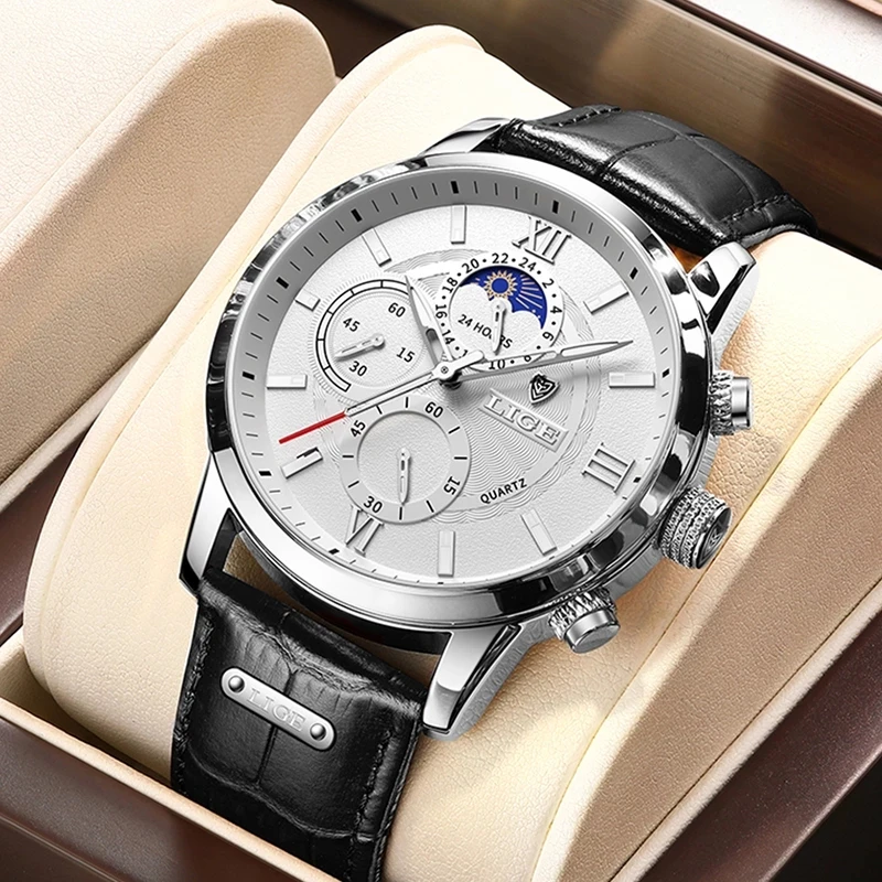 

2022 LIGE Watches Mens Top Brand Luxury Clock Casual Leathe 24Hour Moon Phase Men Watch Sport Waterproof Quartz Chronograph+Box