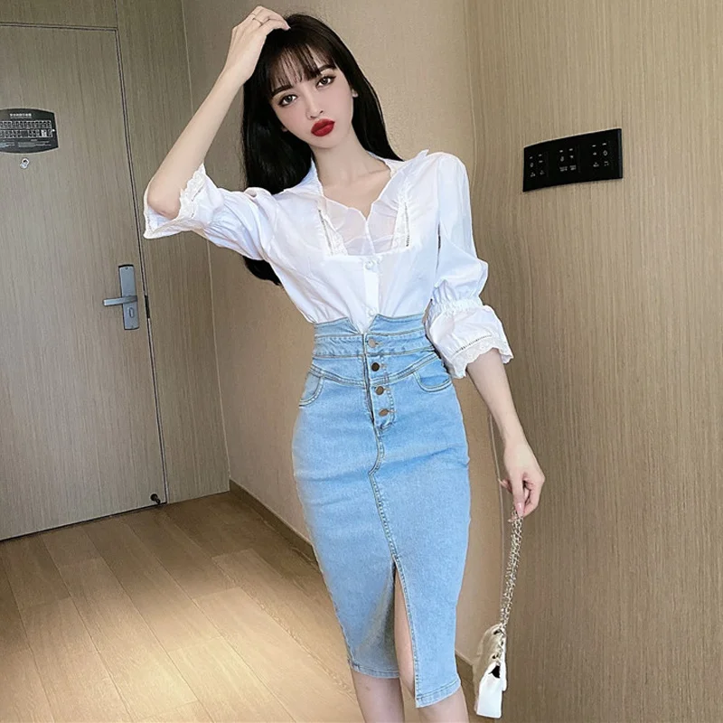 Summer Socialite Ol Temperament Sexy Lace Shirt + High Waist Slim A- Line Split Denim Skirt Suit.Kio
Summer Socialite Ol Temperament Sexy Lace Shirt + High Waist Slim A- Line Split Denim Skirt Suit.Kio