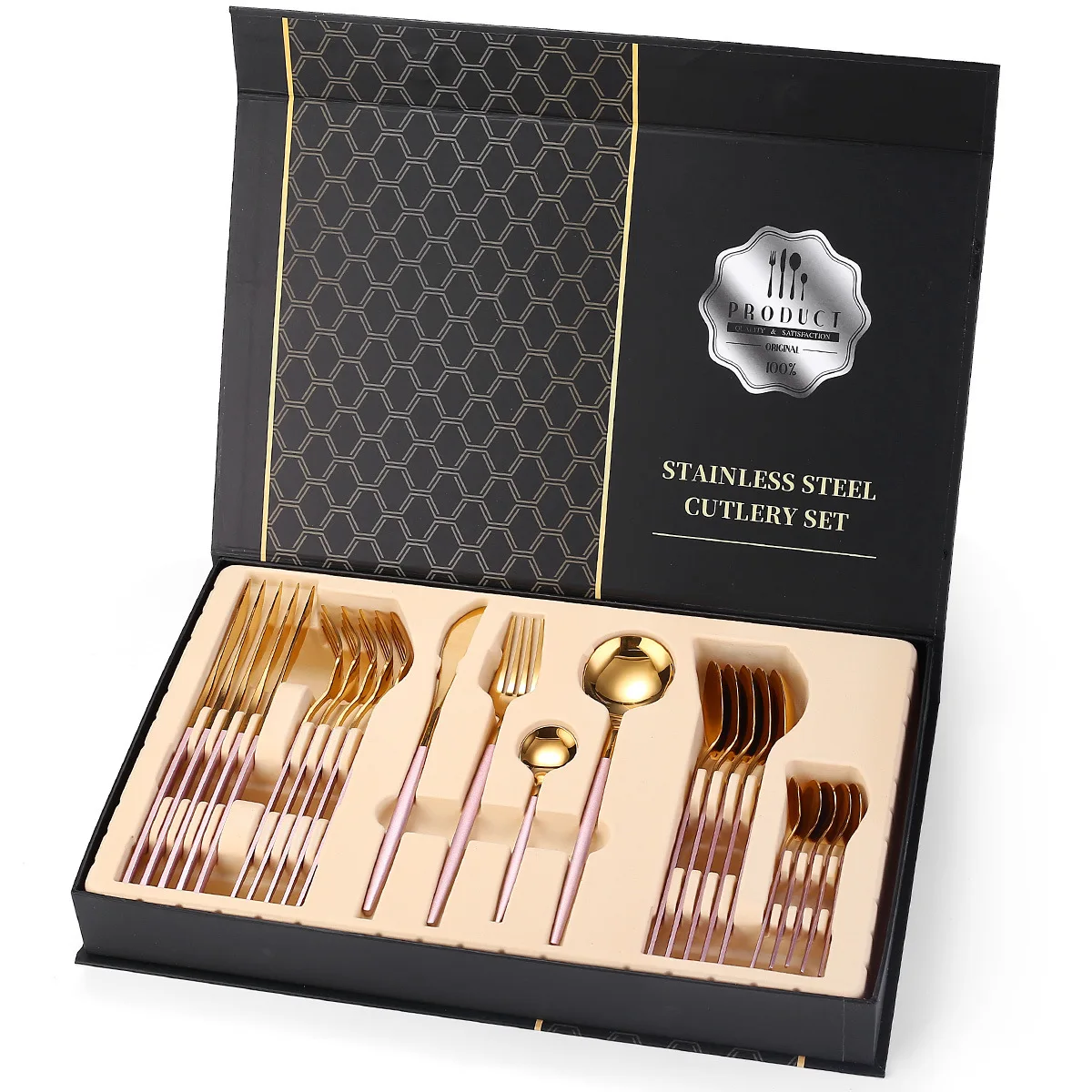 24pcs Pink Gold Dinnerware Set Knife Fork Coffee Spoon Cutlery Set Stainless Steel Mirror Tableware Set Gift Box Dishwasher Safe
24pcs Pink Gold Dinnerware Set Knife Fork Coffee Spoon Cutlery Set Stainless Steel Mirror Tableware Set Gift Box Dishwasher Safe