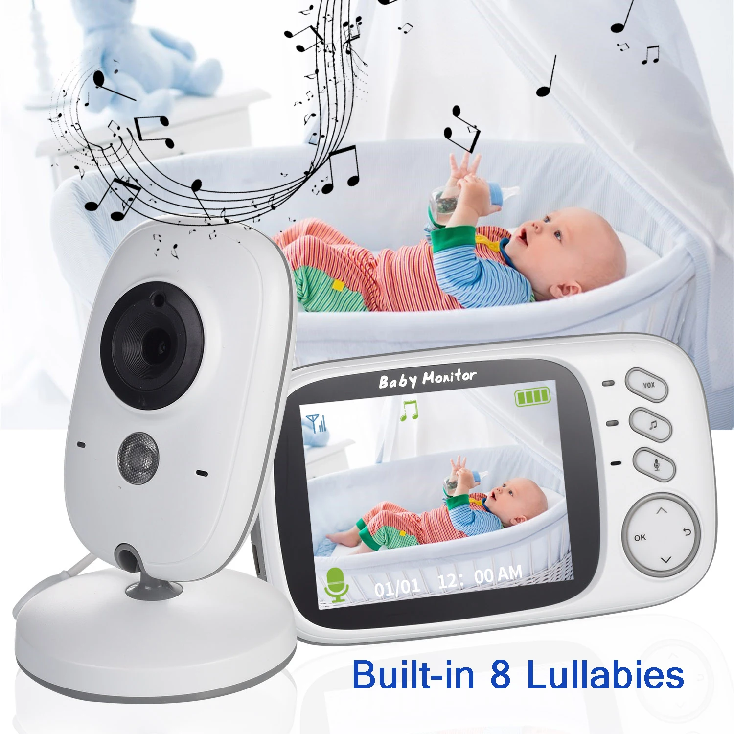 VB603 3.2 inch LCD Baby Monitor IR Night Vision Security Temperature Camera Nanny Temperature Monitoring Lullaby 2 Way Audio
VB603 3.2 inch LCD Baby Monitor IR Night Vision Security Temperature Camera Nanny Temperature Monitoring Lullaby 2 Way Audio