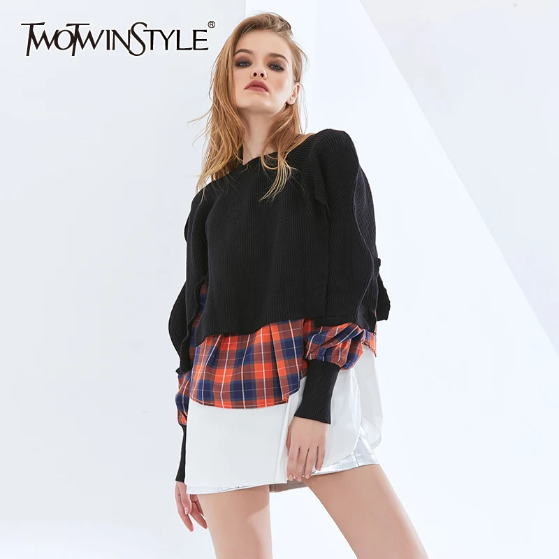 TWOTWINSTYLE Korean Patchwork Plaid Sweater For Women O Neck Long Sleeve Striped Casual Knitted Tops Female Spring Fashion New 
TWOTWINSTYLE Korean Patchwork Plaid Sweater For Women O Neck Long Sleeve Striped Casual Knitted Tops Female Spring Fashion New