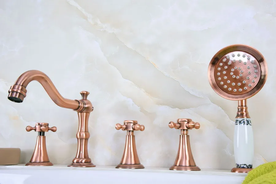 Deck Mounted 5 Hole Antique Red Copper Bathroom Roman Tub Faucet Mixer Tap Set With Hand Shower Ltf215
Deck Mounted 5 Hole Antique Red Copper Bathroom Roman Tub Faucet Mixer Tap Set With Hand Shower Ltf215