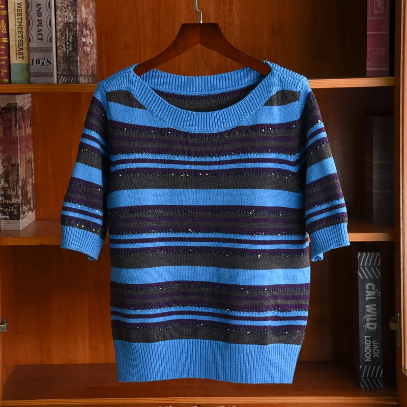 2020 Spring Autumn women's brand new high quality 92% cashmere knitting T-shirts Chic stripe Short sleeves Tee tops B667
2020 Spring Autumn women's brand new high quality 92% cashmere knitting T-shirts Chic stripe Short sleeves Tee tops B667