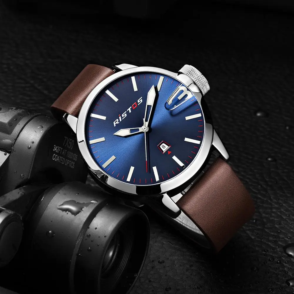 RISTOS мужские спортивные часы повседневные натуральная кожа Reloj Masculino наручные Relojes