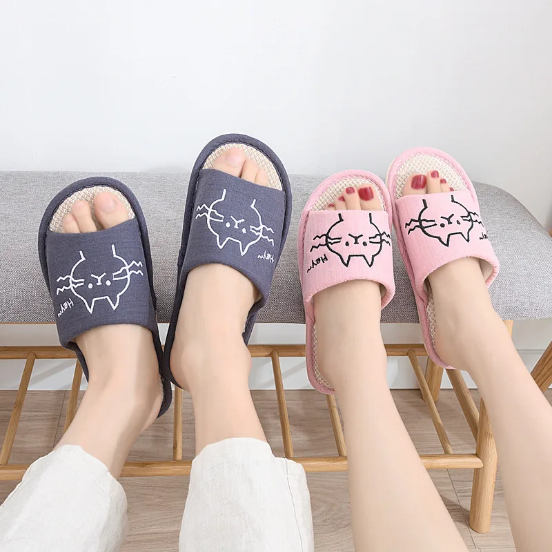 

Women Home Slippers Indoor Soft Shoes Cartton Cat Female Slipper Linen Sole Plush Winter Woman House Cute Fashion Comfortable