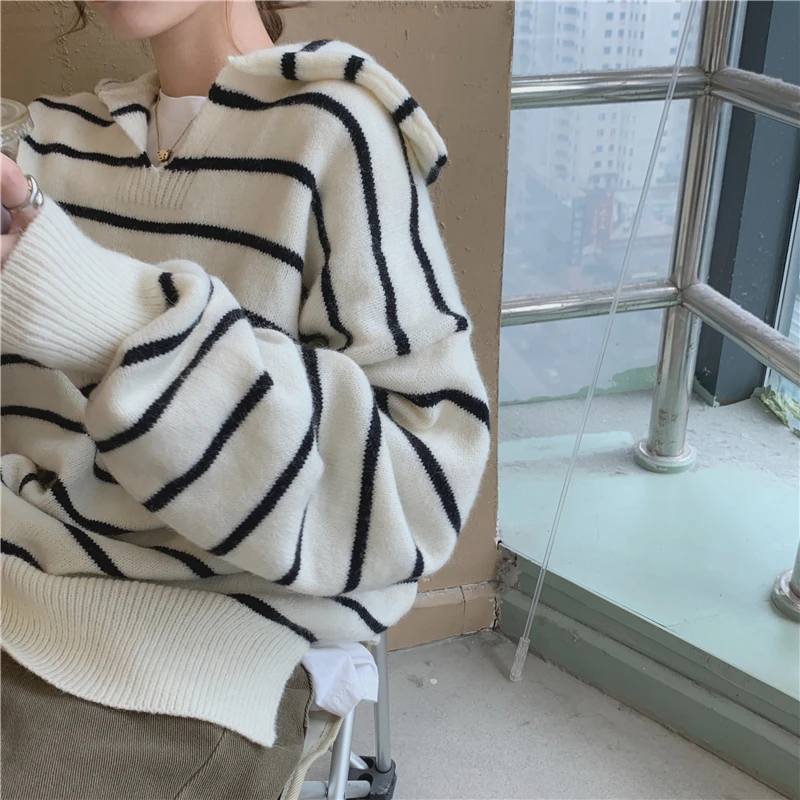 Cotday Turn-Down Collar Striped Office Style Lady 2020 New Winter Women Casual Beige Oversize Harajuku Pullovers Sweater 
Cotday Turn-Down Collar Striped Office Style Lady 2020 New Winter Women Casual Beige Oversize Harajuku Pullovers Sweater