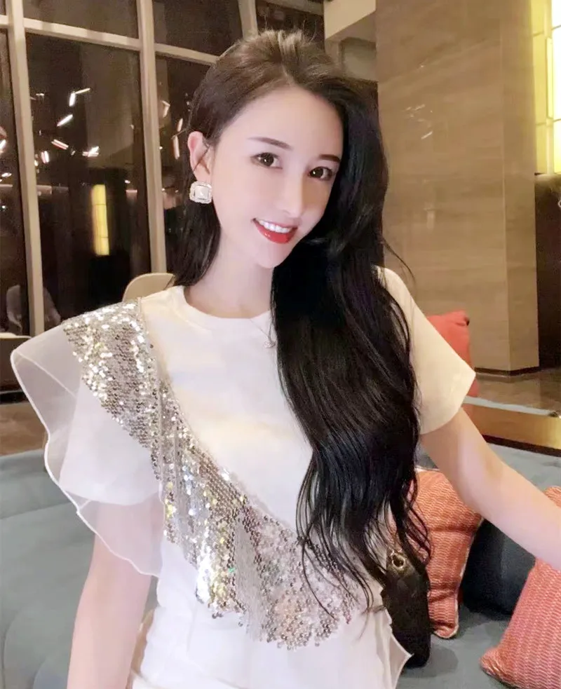 2021 Summer New Fashion Irregular Sequined Lace Women Tops Short Sleeve Round Neck Ladies T-shirt Fashion Ruffled Pullover Tees
2021 Summer New Fashion Irregular Sequined Lace Women Tops Short Sleeve Round Neck Ladies T-shirt Fashion Ruffled Pullover Tees