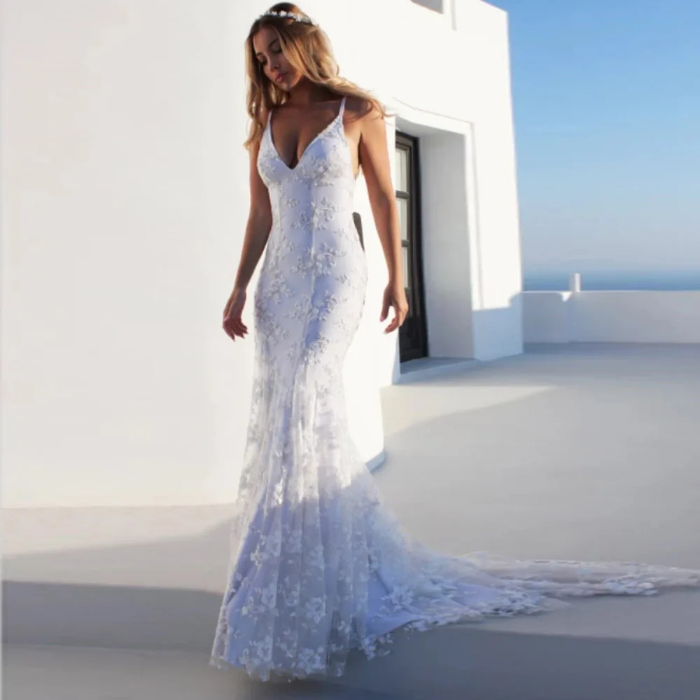 Sexy Backless Spaghetti Straps Mermaid Lace Boho Wedding Dresses Long Bridal Gown Vestido De Novia 2021
Sexy Backless Spaghetti Straps Mermaid Lace Boho Wedding Dresses Long Bridal Gown Vestido De Novia 2021