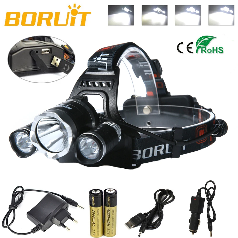 BORUIT 5000Lm 3X XM-L T6+2R5 LED Headlamp Head Light Torch 2X 18650 battery+car AC USB Charger Camping Fishing Cycling
BORUIT 5000Lm 3X XM-L T6+2R5 LED Headlamp Head Light Torch 2X 18650 battery+car AC USB Charger Camping Fishing Cycling