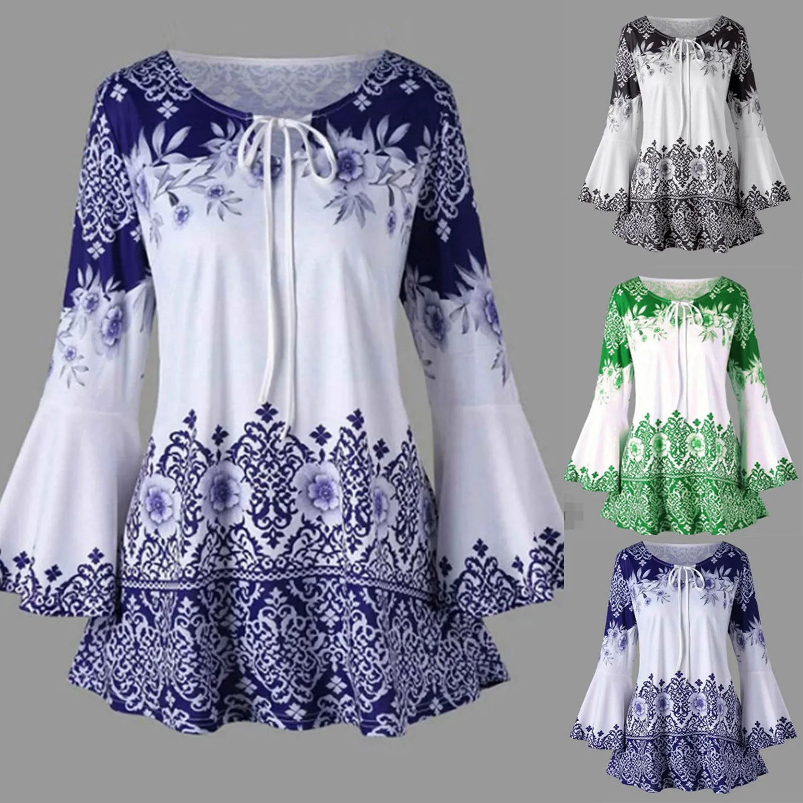 2021 Fall Women's T-shirt Long Sleeve Blue And White Porcelain Chinese Style Printed Trumpet Sleeve Top Shirt Keyhole T-shirt
2021 Fall Women's T-shirt Long Sleeve Blue And White Porcelain Chinese Style Printed Trumpet Sleeve Top Shirt Keyhole T-shirt