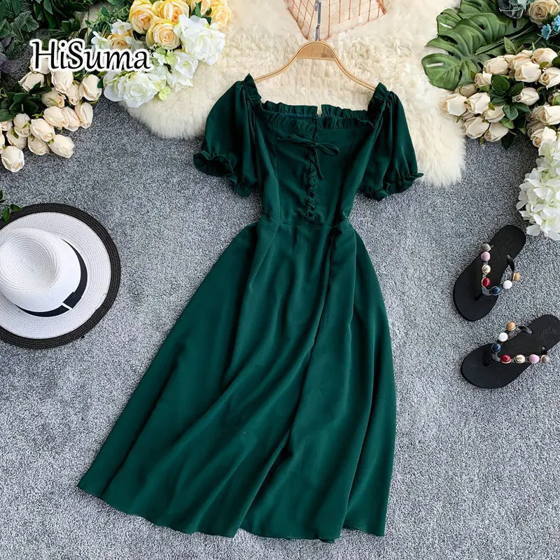 HISUMA summer new female chic slash neck bubble sleeve ruffles lace-up chiffon dress women's elegant puff sleeve A-line dresses
HISUMA summer new female chic slash neck bubble sleeve ruffles lace-up chiffon dress women's elegant puff sleeve A-line dresses