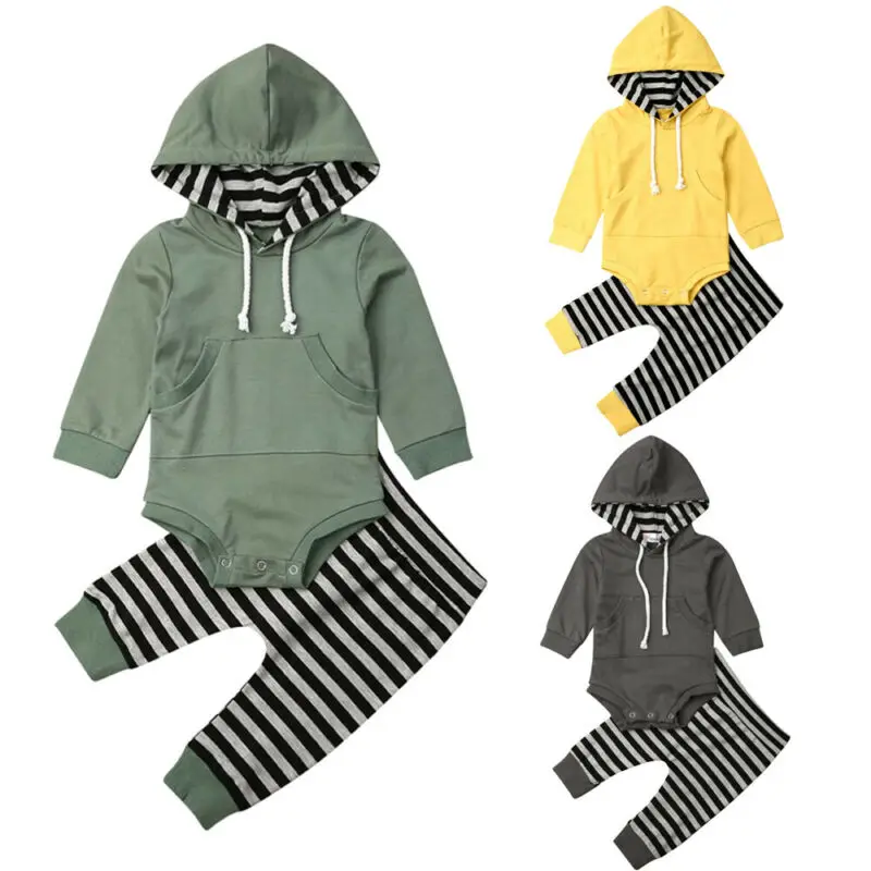 lioraitiin 3 Colors 0-24M Newborn Baby Boy Hooded Tops Romper Striped Long Pants 2PCS Boy Autumn Outfits Clothes
lioraitiin 3 Colors 0-24M Newborn Baby Boy Hooded Tops Romper Striped Long Pants 2PCS Boy Autumn Outfits Clothes