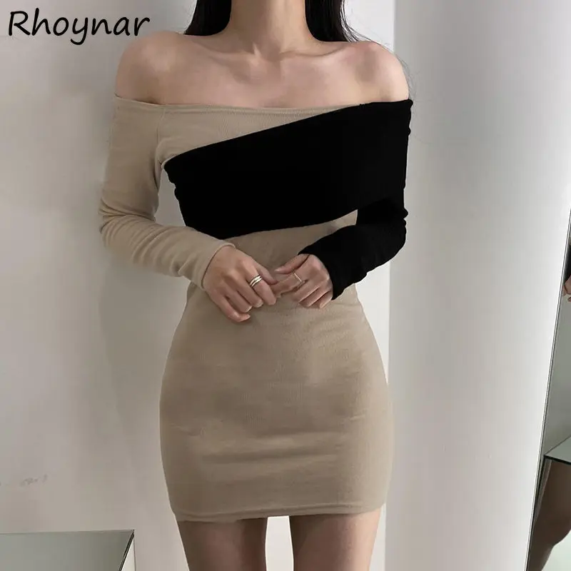 

Long Sleeve Dress Women Panelled Slim Mini Vestido Sexy Clubwear Mujer Slash Neck Stretchy Casual Cozy Autumn Fashion All-match