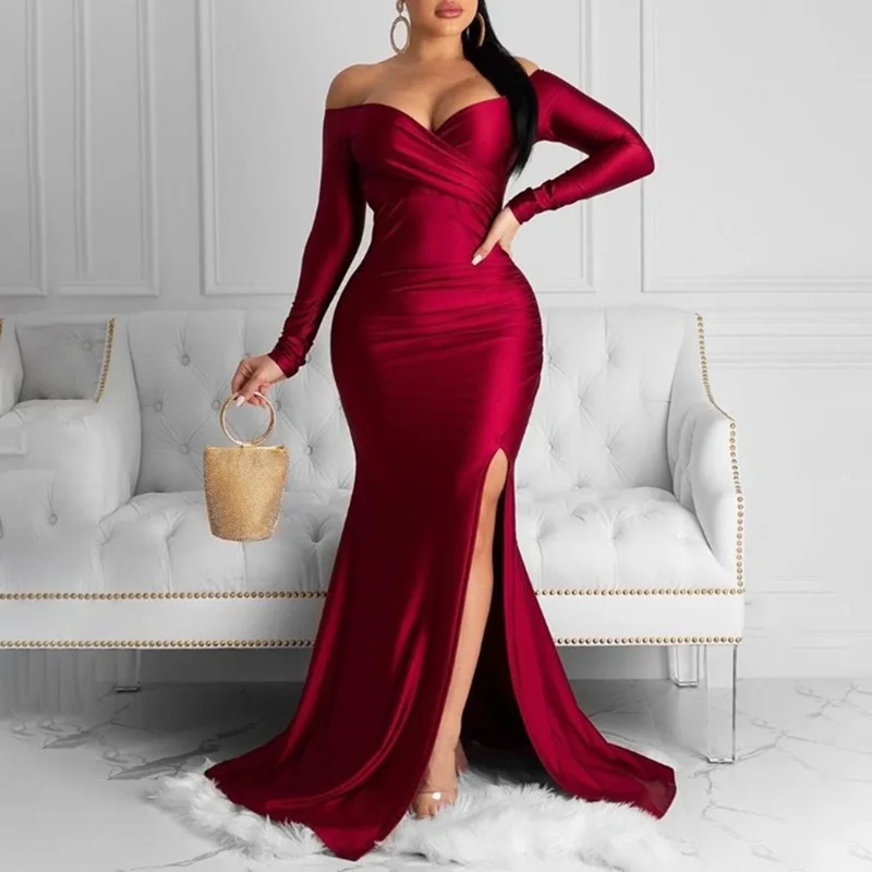 Women Fashion Elegant Off Shoulder Long Party Dress Evening Gowns Formal Robes Ball Gown Solid Long Sleeve High Slit Maxi Dress
Women Fashion Elegant Off Shoulder Long Party Dress Evening Gowns Formal Robes Ball Gown Solid Long Sleeve High Slit Maxi Dress