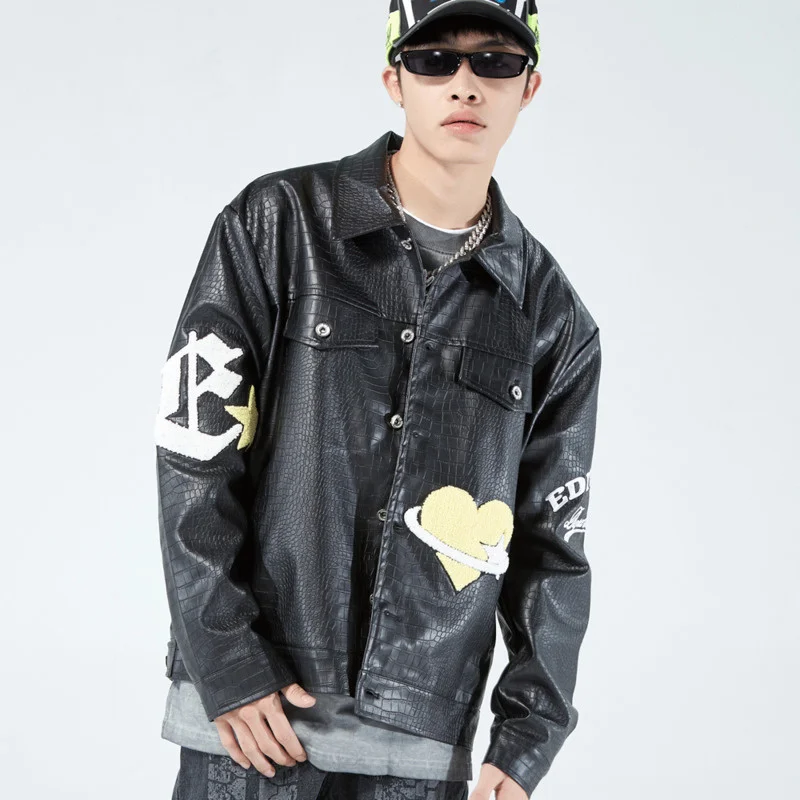 Harajuku Black Leather Jacket Men Single-breasted Turn-down Collar Heart Locomotive Loose Jackets Embroidery PU Men's Jacket
Harajuku Black Leather Jacket Men Single-breasted Turn-down Collar Heart Locomotive Loose Jackets Embroidery PU Men's Jacket