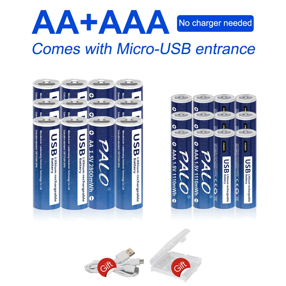 PALO 1.5V USB AAA Li-ion Rechargeable Battery AAA 1110mWh+1.5v AA Lithium Rechargeable Batteries AA 2800mWh with USB Cable
PALO 1.5V USB AAA Li-ion Rechargeable Battery AAA 1110mWh+1.5v AA Lithium Rechargeable Batteries AA 2800mWh with USB Cable