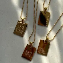 Vintage Couple Jewelry Motto Engraved Square Pendant Pure 18k Gold Plated Necklaces for Women Stainless Steel Mens Chain Beads