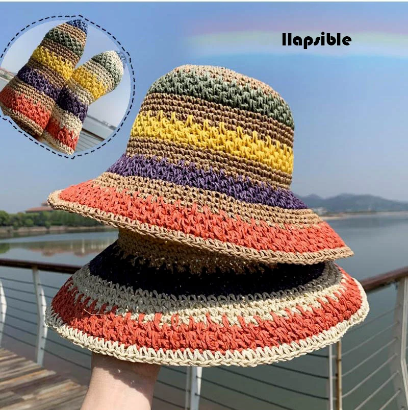 

2021 New Summer rainbow Straw Hats for Women Fashion Wide Eaves Sunshade Bonnets art Fisherman Cap Splicing Outdoor Beach Sunhat
