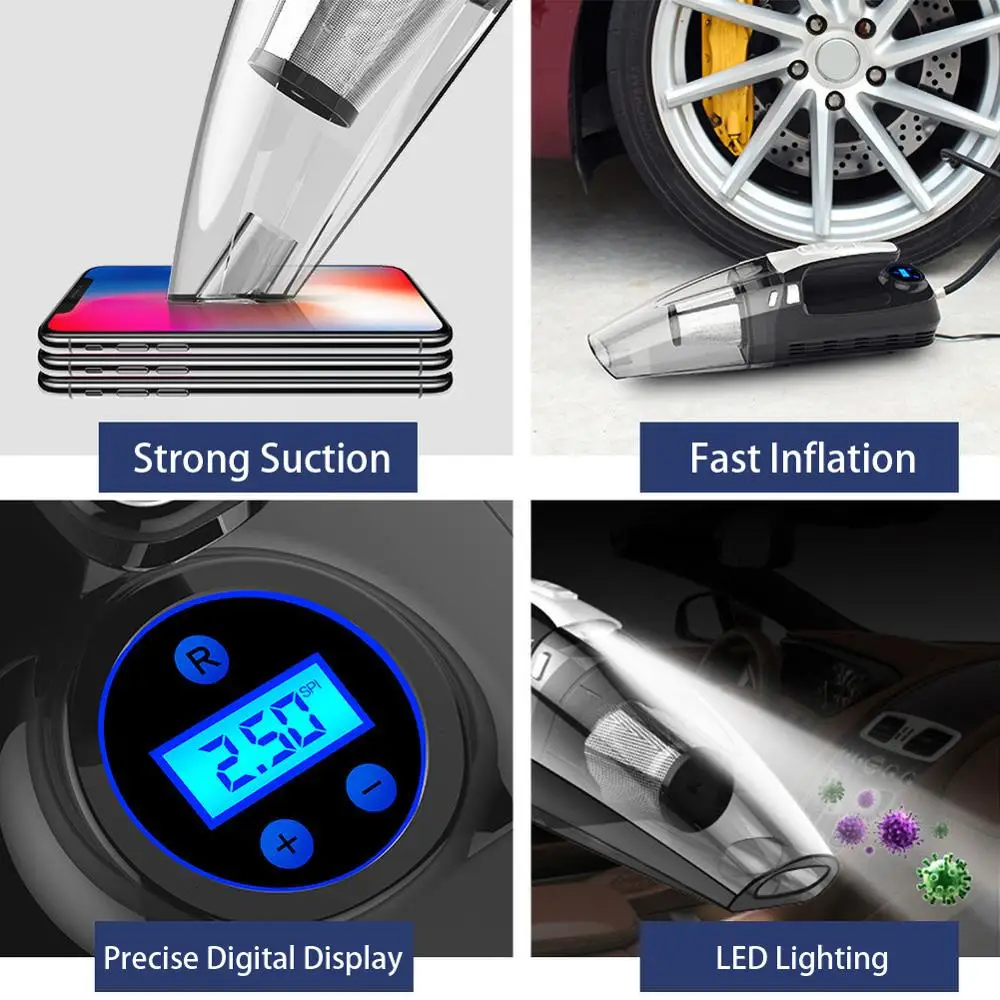 4 in 1 Dual Filters auto cleaners 120W Car Vacuum Cleaner 12V Digital Tire Inflator with LED Ligh Vacuum Cleaner Air Compressor
4 in 1 Dual Filters auto cleaners 120W Car Vacuum Cleaner 12V Digital Tire Inflator with LED Ligh Vacuum Cleaner Air Compressor