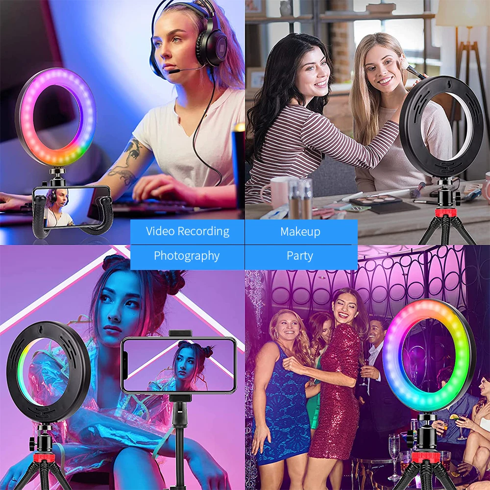 16cm 6in RGB VideoLight 15Colors RGB Ring Lamp With Mobile Holder Support Tripod Stand Selfie RingLight For Live Video Streaming 
16cm 6in RGB VideoLight 15Colors RGB Ring Lamp With Mobile Holder Support Tripod Stand Selfie RingLight For Live Video Streaming