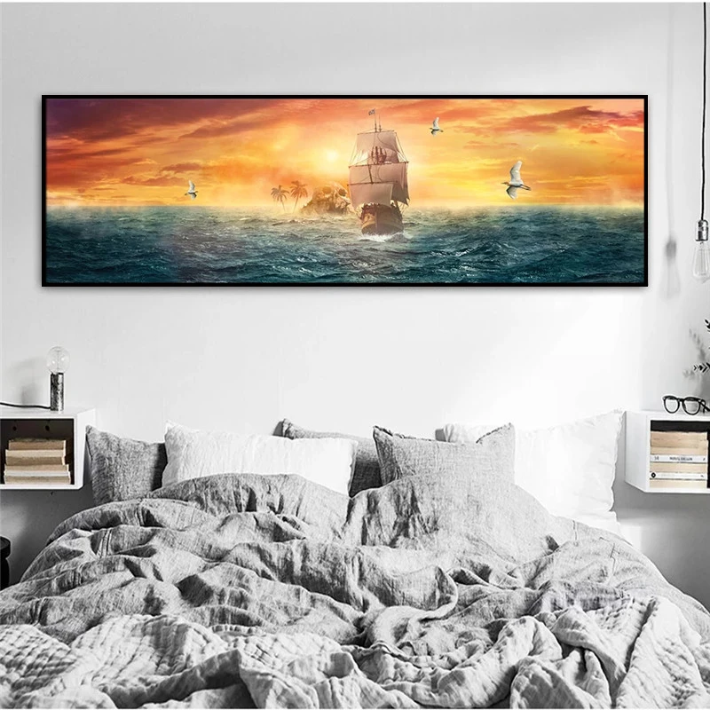 

Shantou Islands Canvas Paintings Sailing Ship On The Sea Scenery Wall Art Canvas Sunset Posters And prints For Bed Room Decor