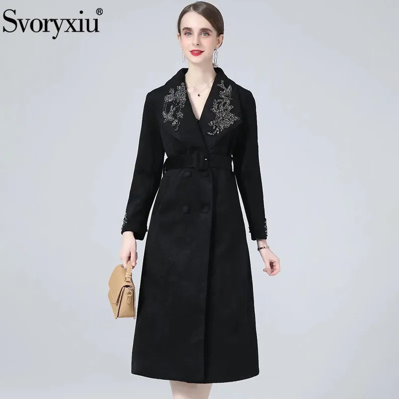 Svoryxiu Fashion Woman Autumn Black Retro Knee-Length Overcoat Solid Lapel Crystal Diamond Sashes Double Breasted Long Overcoat
Svoryxiu Fashion Woman Autumn Black Retro Knee-Length Overcoat Solid Lapel Crystal Diamond Sashes Double Breasted Long Overcoat