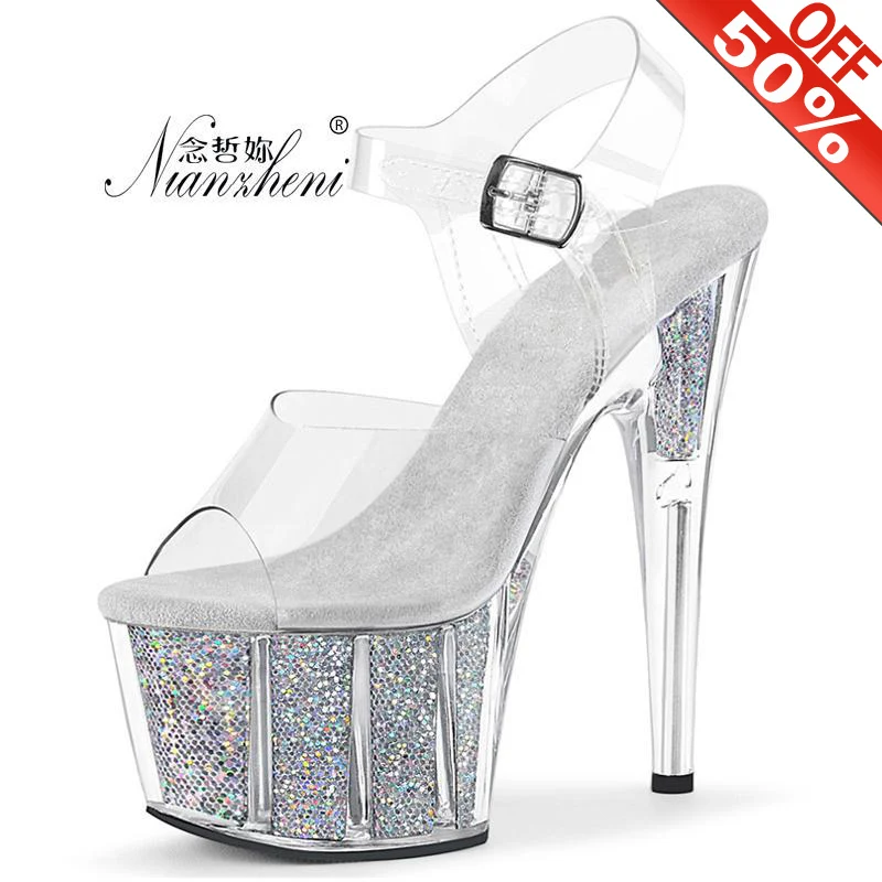 

Flash powder Bling Rransparent Crystal Thin heels Women's sandals 15cm High heeled shoes 6 inches Nightclub Pole dancing Novelty