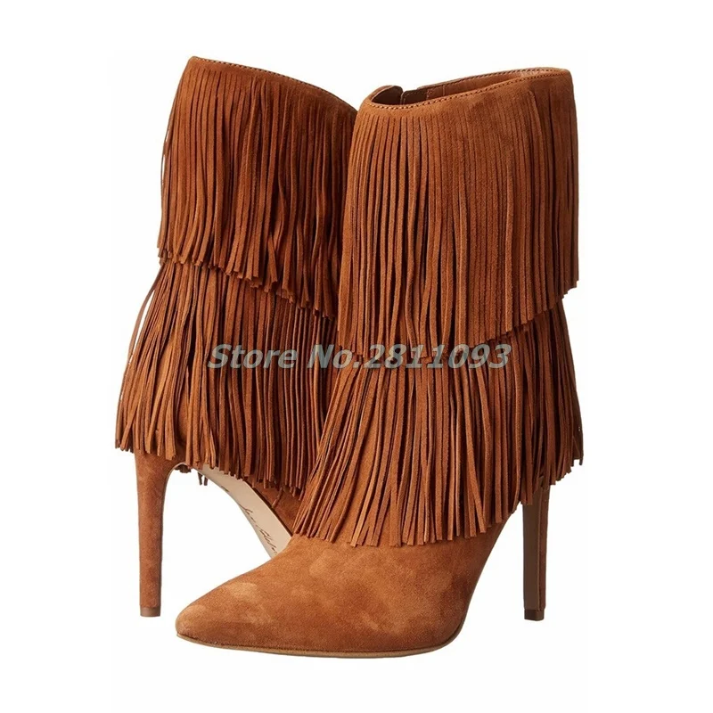 Suede Tassel Zipper Boots Thin High Heel Pointed Toe Brown Black Dress Winter Women Shoes Fashion Stiletto Heel Boots
Suede Tassel Zipper Boots Thin High Heel Pointed Toe Brown Black Dress Winter Women Shoes Fashion Stiletto Heel Boots